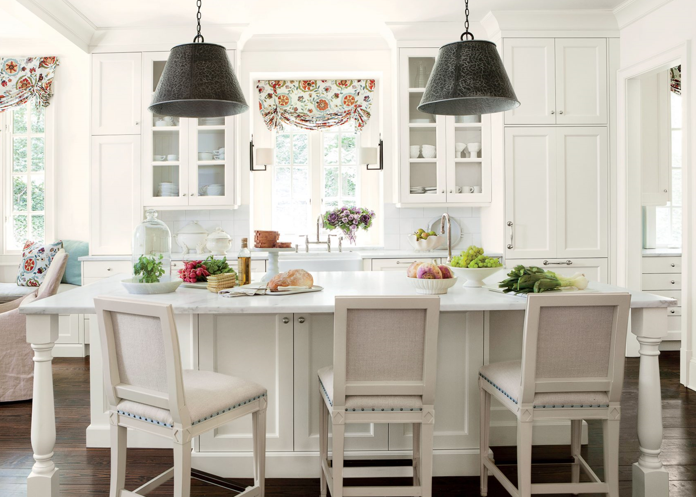 Kitchen With Colorful Patterned Roman Shades